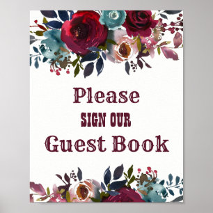 Burgundy Red Floral Guest Book Wedding Poster