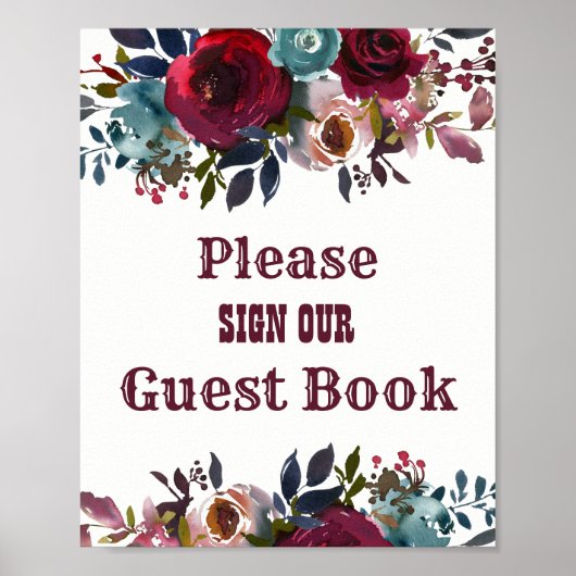 Burgundy Red Floral Guest Book Wedding Poster (Vorne)
