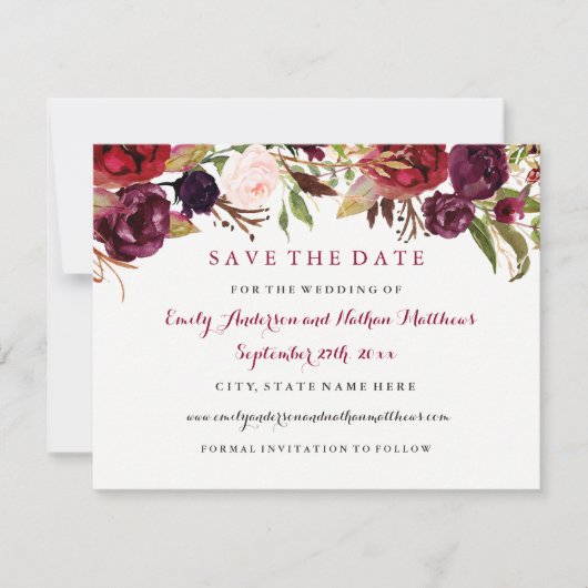 Burgundy Red Floral Hochzeit im Herbst Save the Da Date (Vorderseite)
