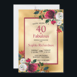 Burgundy Red Floral Imitate Gold Foil 40. Geburtst Einladung<br><div class="desc">Burgund Rose Blumenfolie Imitate Goldfolie | 40. Geburtstag Einladung Vorlagen. Vierzig und vornehm! Burgund, Marsala, weiße Aquarellfarben Rose, botanisches feminin Design mit dunkelgrünen Blätter Party Einladungen können Sie personalisieren und senden Sie Ihre vierzigste Geburtstagsfeier. Freuen Sie sich auf ein elegantes, handgeschriebenes Typografie-Design mit goldenen Imitaten. Die Rückseite weist ein goldenes...</div>