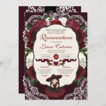 Burgundy Red Floral Lace Charro Quinceanera