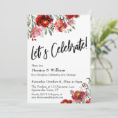 Burgundy Red Floral Let's Celebrate Typografie Einladung (Stehend Vorderseite)