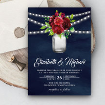 Burgundy Red Floral Mason Jar Navy Blue Wedding