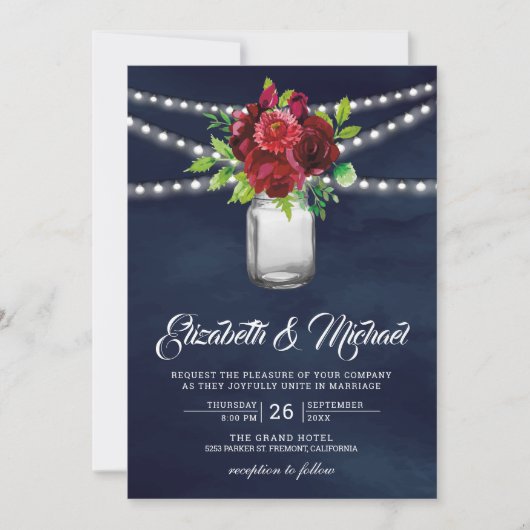 Burgundy Red Floral Mason Jar Navy Blue Wedding Einladung (Vorderseite)