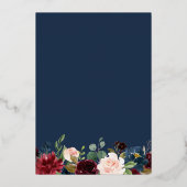Burgundy Red Floral Navy Blue Premium Gold Hochzei Folieneinladung (Rückseite)