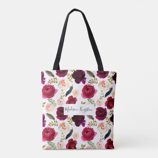Burgundy Red Floral Pink Boho Frauen Tasche (Rückseite)