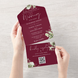 Burgundy Red Floral QR Code Formal Wedding All In One Einladung