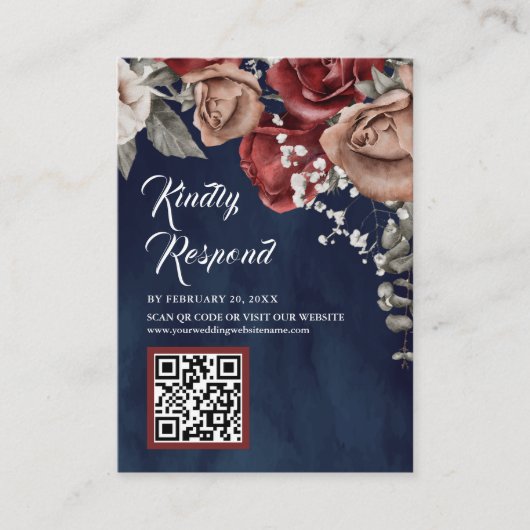 Burgundy Red Floral QR Code RSVP Navy Blue Wedding Begleitkarte (Vorderseite)