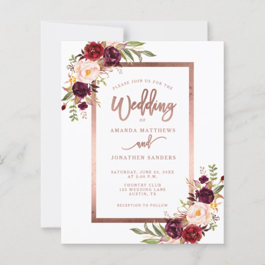 Burgundy Red Floral Rose Gold Script Wedding (Vorderseite)