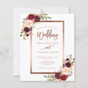 Burgundy Red Floral Rose Gold Script Wedding