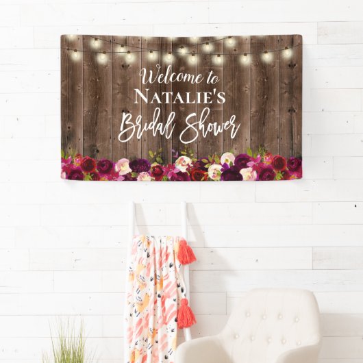 Burgundy Red Floral Rustic Barn Wood Brautparty Banner (Insitu)