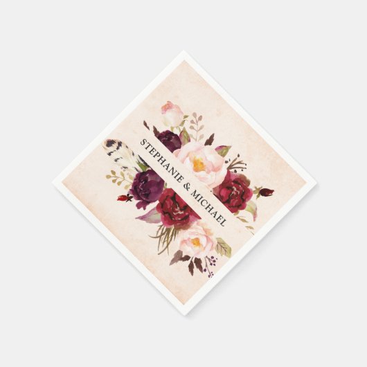 Burgundy Red Floral Rustic Boho Paper Napkin Serviette (Ecke)