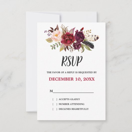 Burgundy Red Floral Rustic Boho UAWG RSVP Karte (Vorderseite)