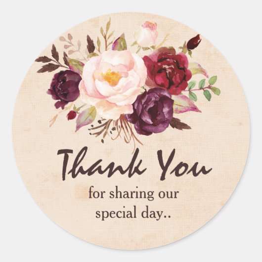 Burgundy Red Floral Rustic Boho Vielen Dank Runder Aufkleber (Vorderseite)