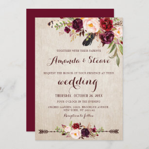 Burgundy Red Floral Rustic Boho Wedding Einladung
