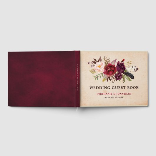 Burgundy Red Floral Rustic Boho Wedding Gästebuch (Voll)