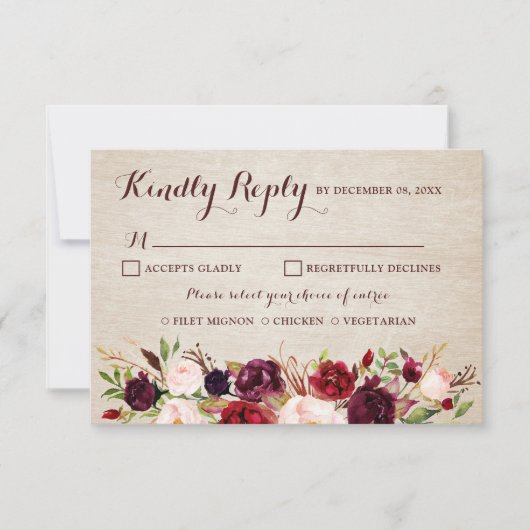 Burgundy Red Floral Rustic Boho Wedding RSVP (Vorderseite)