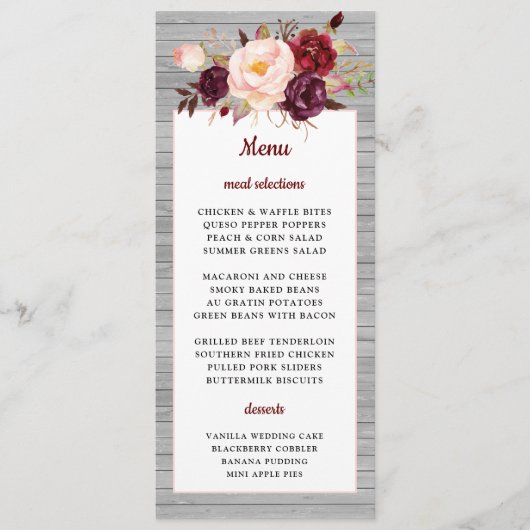 Burgundy Red Floral Rustic Pink Border Wedding Menükarte (Vorderseite)
