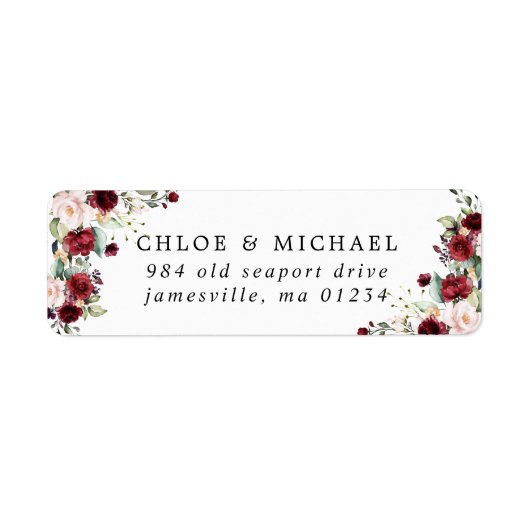 Burgundy Red Floral Rustic Wedding Rücksendeadress (Vorne)