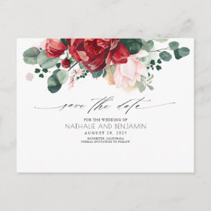 Burgundy Red Floral Save the Date Bohemisch Postkarte
