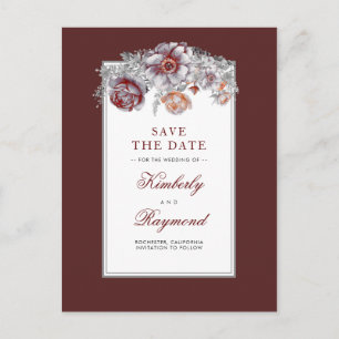 Burgundy Red Floral Save the Date Vintag Ankündigungspostkarte