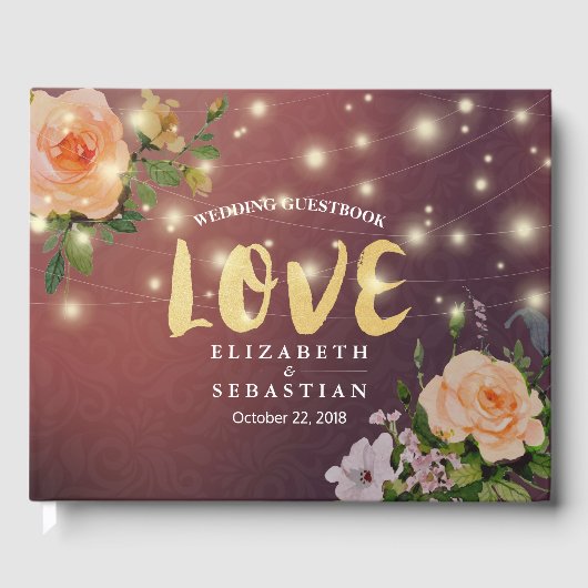 Burgundy Red Floral String Light Wedding Gästebuch (Vorderseite)