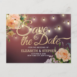 Burgundy Red Floral String Lights Save the Date Ankündigungspostkarte