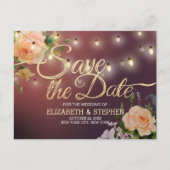 Burgundy Red Floral String Lights Save the Date Ankündigungspostkarte (Vorderseite)