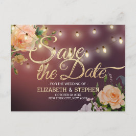 Burgundy Red Floral String Lights Save the Date Ankündigungspostkarte