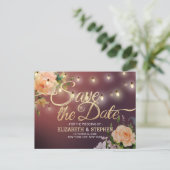 Burgundy Red Floral String Lights Save the Date Ankündigungspostkarte (Stehend Vorderseite)