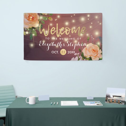 Burgundy Red Floral String Lights Wedding Banner (Messeveranstaltung)