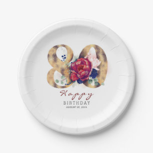 Burgundy Red Floral Typografie 80. Geburtstag Pappteller