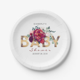 Burgundy Red Floral Typografy Baby Shower Pappteller