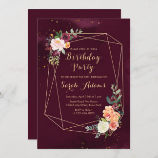 Burgundy Red Floral Watercolor 50. Geburtstag Einladung