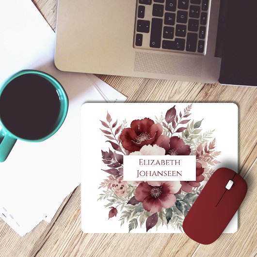 Burgundy Red Floral Watercolor Moderner Hübscher N Mousepad
