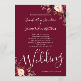 Burgundy Red Floral Watercolor Rustikale Hochzeit Einladung