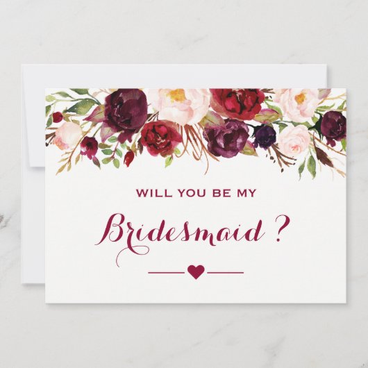 Burgundy Red Floral werden Sie meine Bridesmaid se Einladung (Vorderseite)