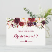 Burgundy Red Floral werden Sie meine Bridesmaid se Einladung (Stehend Vorderseite)