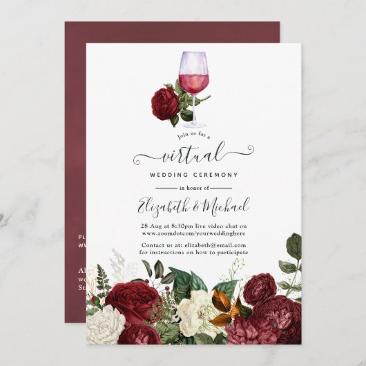 Burgundy Red Floral Wine Thema Virtual Wedding Einladung (Vorne/Hinten)