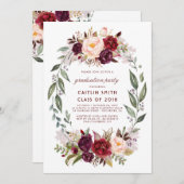 Burgundy Red Floral Wreath Graduation Party Einladung (Vorne/Hinten)