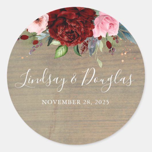 Burgundy Red Florals Rustic Wedding Runder Aufkleber (Vorderseite)