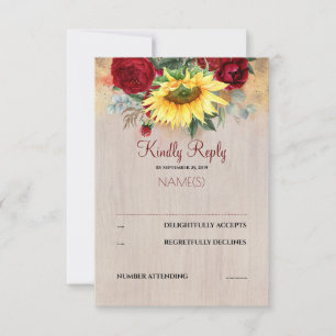 Burgundy Red Florals und Sunflowers Wedding RSVP Karte