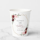 Burgundy Red Flowers, Pink Flowers, Birthday Pappbecher (Rückseite)