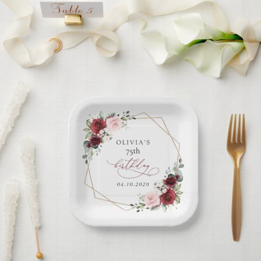 Burgundy Red Flowers, Pink Flowers, Birthday Pappteller (Hochzeit)