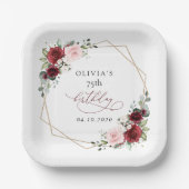 Burgundy Red Flowers, Pink Flowers, Birthday Pappteller (Vorderseite)