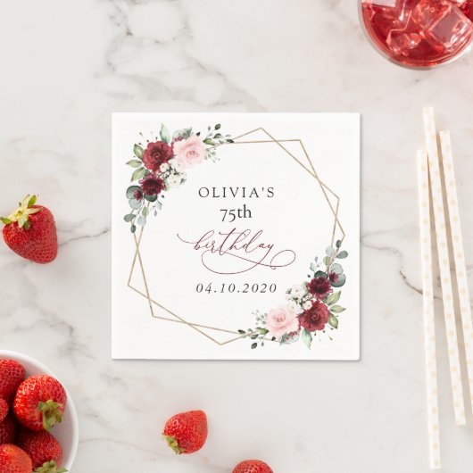 Burgundy Red Flowers, Pink Flowers, Birthday Serviette (Beispiel)