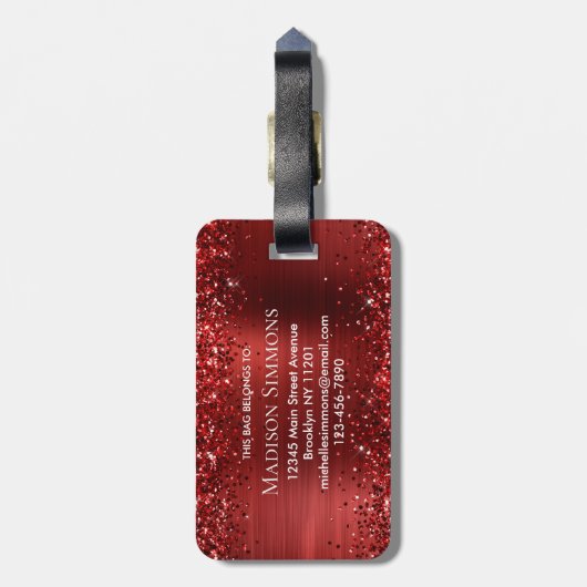 Burgundy Red Glitzer Brush Metal Monogram Script Gepäckanhänger (Rückseite vertikal)
