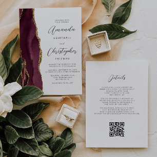 Burgundy Red Gold Agate QR Code Wedding Einladung