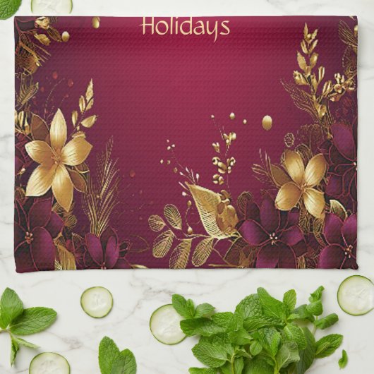 Burgundy Red Gold Blume Urlaub Küchentuch (Gefaltet)