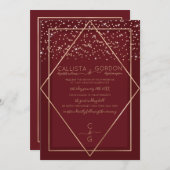 Burgundy Red Gold Confetti Geo Border Wedding Einladung (Vorne/Hinten)